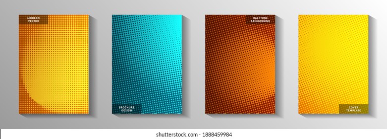 Minimalist point screen tone gradation cover templates vector collection. Digital notebook faded screen tone backdrops. Vintage cartoon comics style front page leaflets. Line art design.