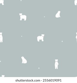 A minimalist polar bear pattern featuring adorable white bears on a muted gray background with tiny stars and snowflakes. Perfect for winter, nursery decor, or cozy, arctic-inspired designs.