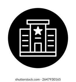 Minimalist police station icon illustration on black background depicts law enforcement building symbol design concept art