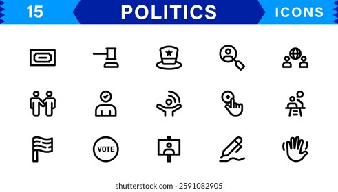 Minimalist Politics Icon Pack. Flat, Line, and Outline Icons for Elections, Governance, and Public Policy