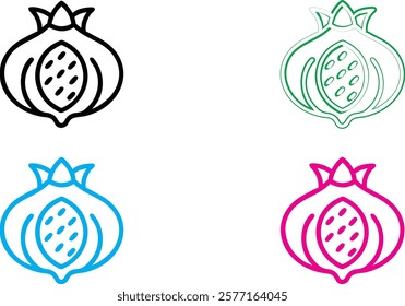 Minimalist pomegranate icons, crown symbol, stylized fruit logo, simple line drawings, colorful designs, black pink blue green outlines, geometric fruit shapes, modern branding elements, clean vector 