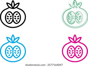 Minimalist pomegranate icons, crown symbol, stylized fruit logo, simple line drawings, colorful designs, black pink blue green outlines, geometric fruit shapes, modern branding elements, clean vector 