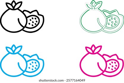 Minimalist pomegranate icons, crown symbol, stylized fruit logo, simple line drawings, colorful designs, black pink blue green outlines, geometric fruit shapes, modern branding elements, clean vector 