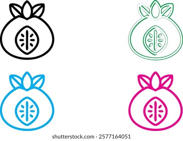 Minimalist pomegranate icons, crown symbol, stylized fruit logo, simple line drawings, colorful designs, black pink blue green outlines, geometric fruit shapes, modern branding elements, clean vector 