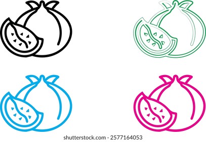 Minimalist pomegranate icons, crown symbol, stylized fruit logo, simple line drawings, colorful designs, black pink blue green outlines, geometric fruit shapes, modern branding elements, clean vector 