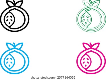 Minimalist pomegranate icons, crown symbol, stylized fruit logo, simple line drawings, colorful designs, black pink blue green outlines, geometric fruit shapes, modern branding elements, clean vector 