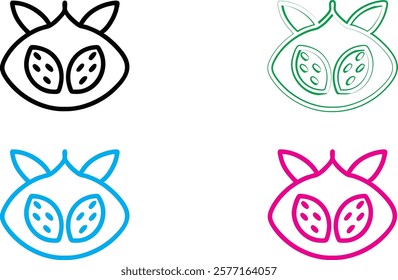 Minimalist pomegranate icons, crown symbol, stylized fruit logo, simple line drawings, colorful designs, black pink blue green outlines, geometric fruit shapes, modern branding elements, clean vector 