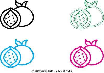 Minimalist pomegranate icons, crown symbol, stylized fruit logo, simple line drawings, colorful designs, black pink blue green outlines, geometric fruit shapes, modern branding elements, clean vector 