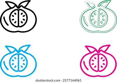 Minimalist pomegranate icons, crown symbol, stylized fruit logo, simple line drawings, colorful designs, black pink blue green outlines, geometric fruit shapes, modern branding elements, clean vector 