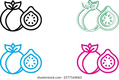 Minimalist pomegranate icons, crown symbol, stylized fruit logo, simple line drawings, colorful designs, black pink blue green outlines, geometric fruit shapes, modern branding elements, clean vector 