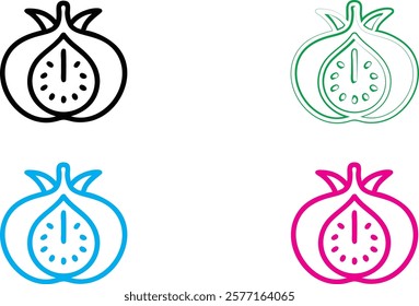 Minimalist pomegranate icons, crown symbol, stylized fruit logo, simple line drawings, colorful designs, black pink blue green outlines, geometric fruit shapes, modern branding elements, clean vector 