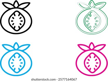 Minimalist pomegranate icons, crown symbol, stylized fruit logo, simple line drawings, colorful designs, black pink blue green outlines, geometric fruit shapes, modern branding elements, clean vector 