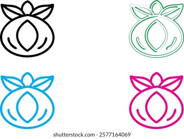 Minimalist pomegranate icons, crown symbol, stylized fruit logo, simple line drawings, colorful designs, black pink blue green outlines, geometric fruit shapes, modern branding elements, clean vector 