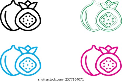 Minimalist pomegranate icons, crown symbol, stylized fruit logo, simple line drawings, colorful designs, black pink blue green outlines, geometric fruit shapes, modern branding elements, clean vector 