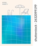 Minimalist pool party vector illustration with beach umbrella, lounge chair, and blue swimming pool. Ideal for summer, vacation, and resort design themes.