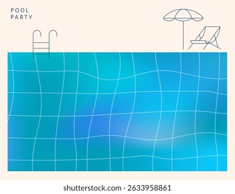 Minimalist pool party vector illustration with beach umbrella, lounge chair, and blue swimming pool. Ideal for summer, vacation, and resort design themes.