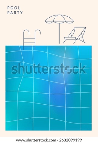 Minimalist pool party vector illustration with beach umbrella, lounge chair, and blue swimming pool. Ideal for summer, vacation, and resort design themes.