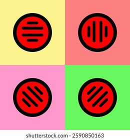 A minimalist pop-art design features four red circular icons with black borders and different line patterns on colorful backgrounds.