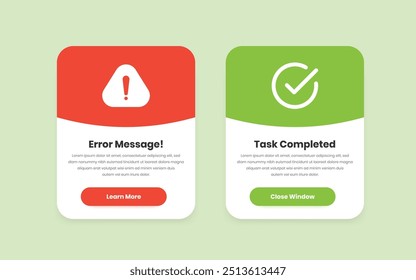 Minimalist Popup Design for Error Messages and Task Completion Screens with Action Buttons