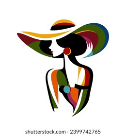 Retrato minimalista de una hermosa mujer con un elegante sombrero de paja ancha. Muchacha con un patrón geométrico colorido. Ilustración vectorial de alta moda.