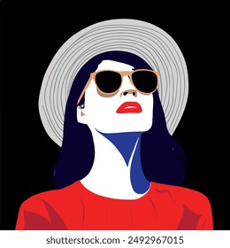 Minimalist portrait of a beautiful woman in an elegant wide-brimmed hat and sunglass. Young girl in a geometric colorful pattern. High Fashion vector illustration.