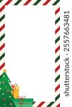 Minimalist portrait Christmas frame with gifts and striped border, perfect for Instagram stories, social media posts, digital scrapbooking, and holiday event promotions