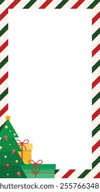 Minimalist portrait Christmas frame with gifts and striped border, perfect for Instagram stories, social media posts, digital scrapbooking, and holiday event promotions