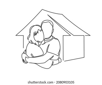 Minimalist portrait of enamored couple hugging near new house continuous line vector illustration