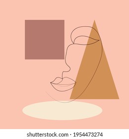 minimalist portrait of female face by one continuous line. Hand drawn abstract feminine print on geometric shapes. for social media, beauty logos, poster illustrations, postcards, t-shirt prints