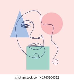 minimalist portrait of female face by one continuous line. Hand drawn abstract feminine print on geometric shapes. for social media, beauty logos, poster illustrations, postcards, t-shirt prints