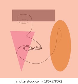 minimalist portrait of female face by one continuous line. Hand drawn abstract feminine print on geometric shapes. for social media, beauty logos, poster illustrations, postcards, t-shirt prints