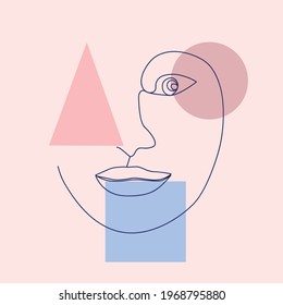minimalist portrait of female face by one continuous line. Hand drawn abstract feminine print on geometric shapes. for social media, beauty logos, poster illustrations, postcards, t-shirt prints