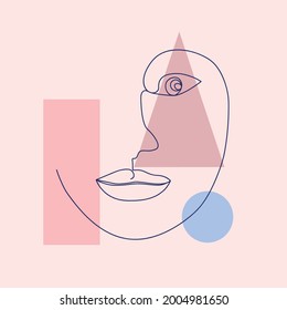 minimalist portrait of female face by one continuous line. Hand drawn abstract feminine print on geometric shapes. for social media, beauty logos, poster illustrations, postcards, t-shirt prints