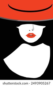 A minimalist portrait of a pretty woman wearing a wide-brimmed red hat is featured.