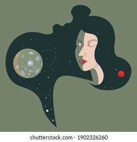 Minimalist portrait of woman and planets in outer space. Female character with closed eyes and moonlight. Fantasy and dreams with celestial bodies. Cosmos and universe sky, vector in flat style