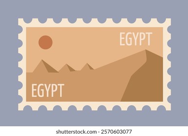 Minimalist postage stamp design featuring Egyptian pyramids, a desert landscape, and a red sun. Beige background with clean and creative illustration. Vector illustration.