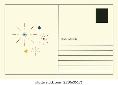 A minimalist postcard design featuring colorful, abstract starburst patterns on the left side, with red, blue, and yellow lines on a light beige background.