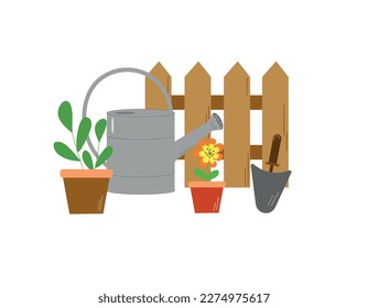 Minimalist postcard with watering can and seedlings in pots. Spring mood greeting card template. Welcome spring season invitation. Springtime concepts.
