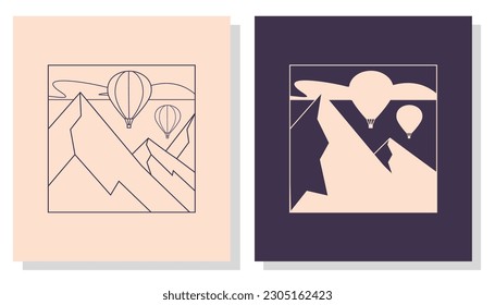 Minimalist postcards. Balloons on the background of mountains.
