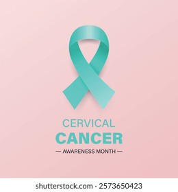 Minimalist Poster Banner with a Realistic Teal Ribbon Loop, Symbol of January Cervical Cancer Awareness Month. Women s Health, Cancer Awareness, Empowerment, Support Campaign. Vector Illustration