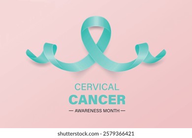 Minimalist Poster Banner with a Realistic Teal Ribbon Loop, Symbol of January Cervical Cancer Awareness Month. Women s Health, Cancer Awareness, Empowerment, Support Campaign. Vector Illustration