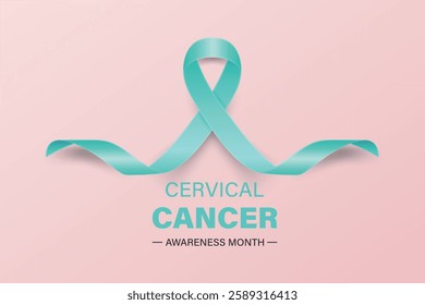 Minimalist Poster Banner with a Realistic Teal Ribbon Loop, Symbol of January Cervical Cancer Awareness Month. Women s Health, Cancer Awareness, Empowerment, Support Campaign. Vector Illustration