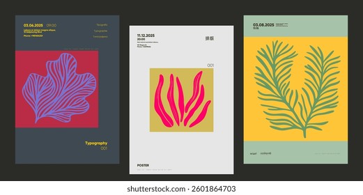 Minimalist poster collection blending bold leaf shapes with modern typography and flat design. Great for stylish decor, contemporary covers, and art exhibitions.