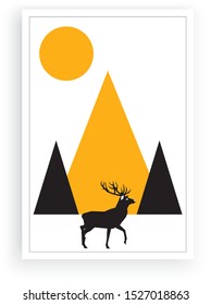 Minimalist poster design, deer silhouette and mountain on sunset illustration isolated on white background, vector, wall decals, wall art work