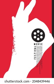 Minimalist Poster Design For Movie Festival. OK Hand Gesture Silhouette And Film Roll In Negative Space. Artistic Minimal Cinema Poster Idea For Movie Night. Abstract Vector Illustration.