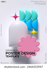 Minimalist poster design template featuring abstract 3D shapes in pastel colors, ideal for modern and creative branding projects. Vector illustration