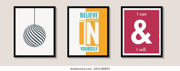 Minimalist Poster Design, three pieces poster design with black frame, Wall art decoration.