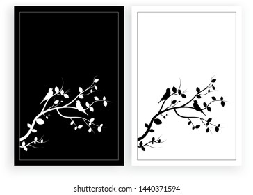 Minimalist poster design vector, Scandinavian design, paint birds on branch silhouette, wall decals, home wall decor, natural background, black and white design, two pieces wall art