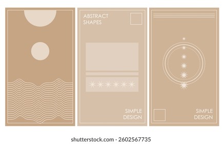 Minimalist Poster Design. Vertical Home Interior Decoration Panel Soft Romantic Dreamy Graphic Art. Simple beige Geometric card or Invitation canvas Set. Modern Abstract Elegant Style. 