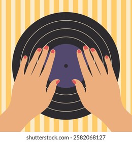 Minimalist poster with female hands on vinyl record. Music concept with gramophone record in retro style. Vector illustration